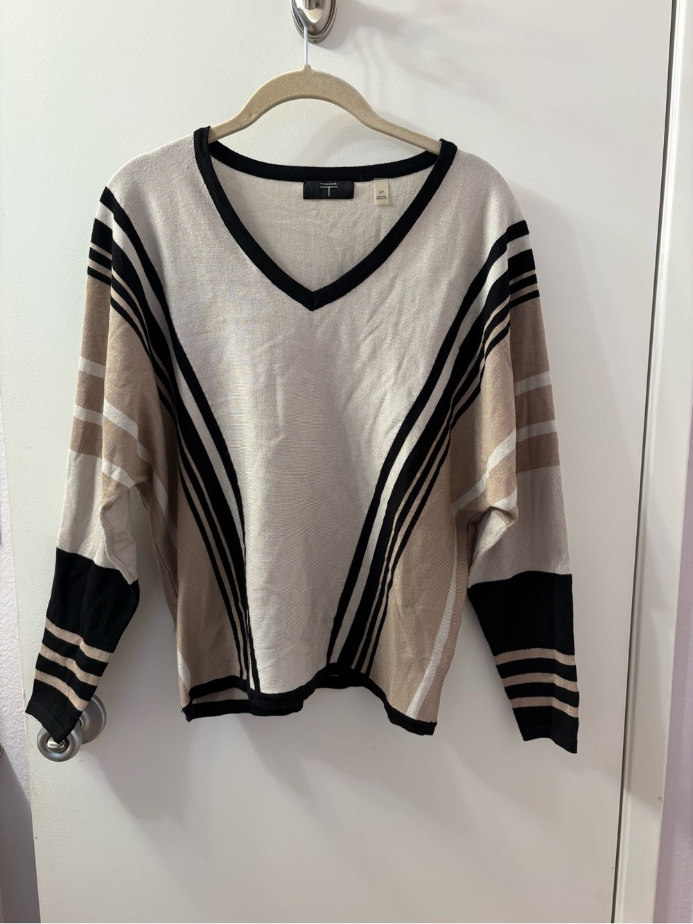 Tahari SP V-Neck Striped Women’s Sweater in Cream and Black with Dolman Sleeve